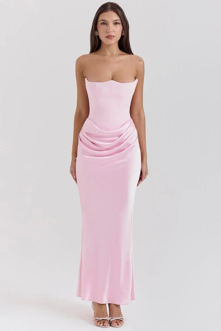 Women's Evening Maxi Dress with Strapless Neckline and Ruched Detail