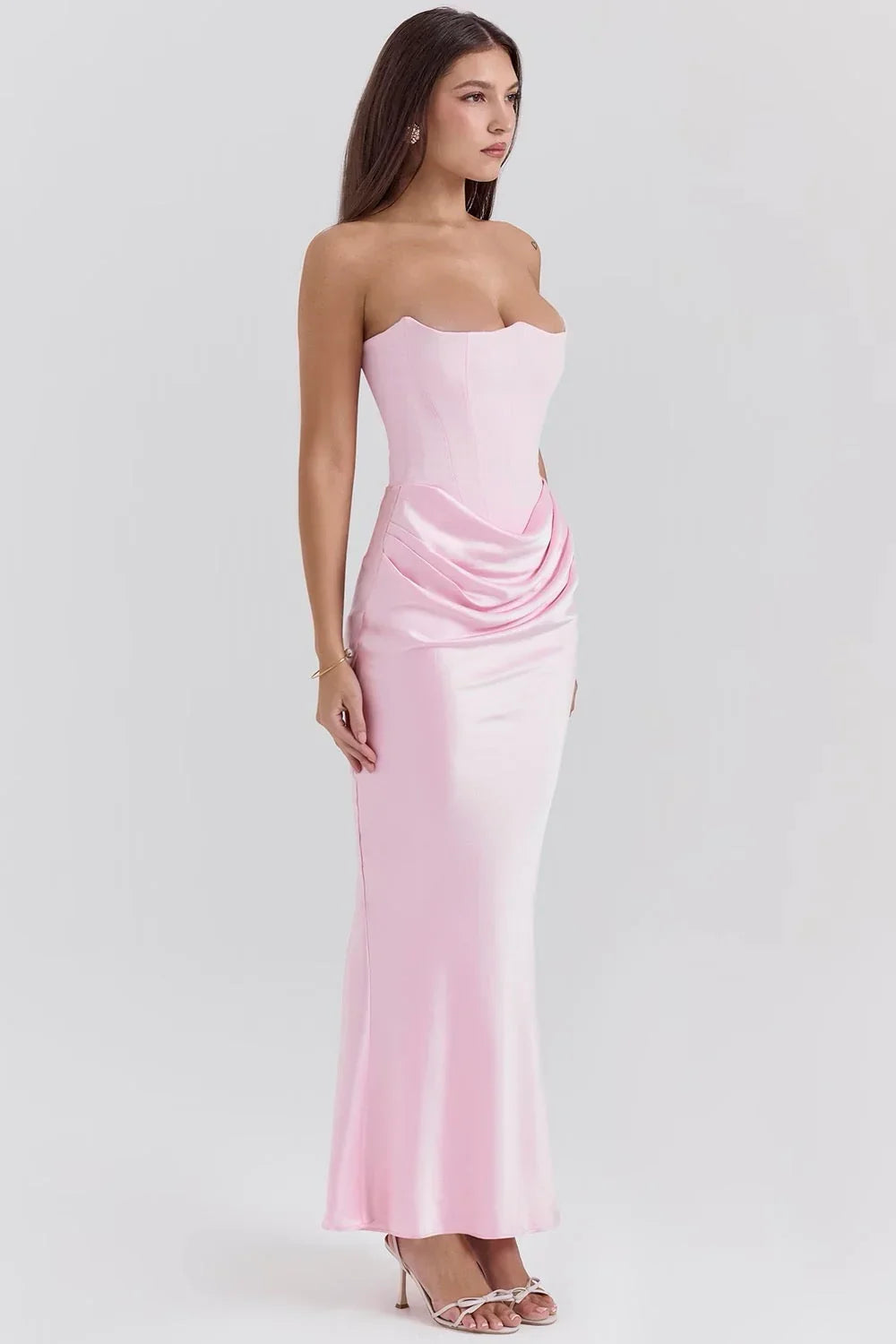 Women's Evening Maxi Dress with Strapless Neckline and Ruched Detail