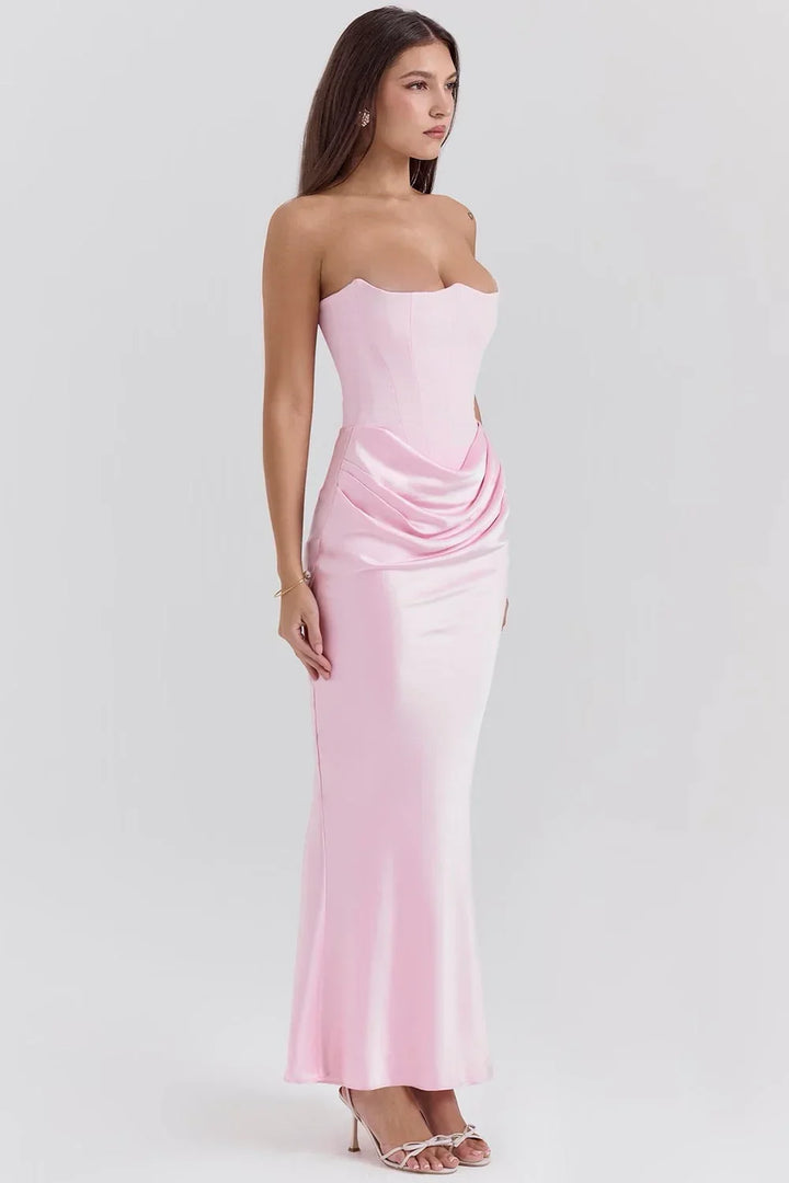 Women's Evening Maxi Dress with Strapless Neckline and Ruched Detail