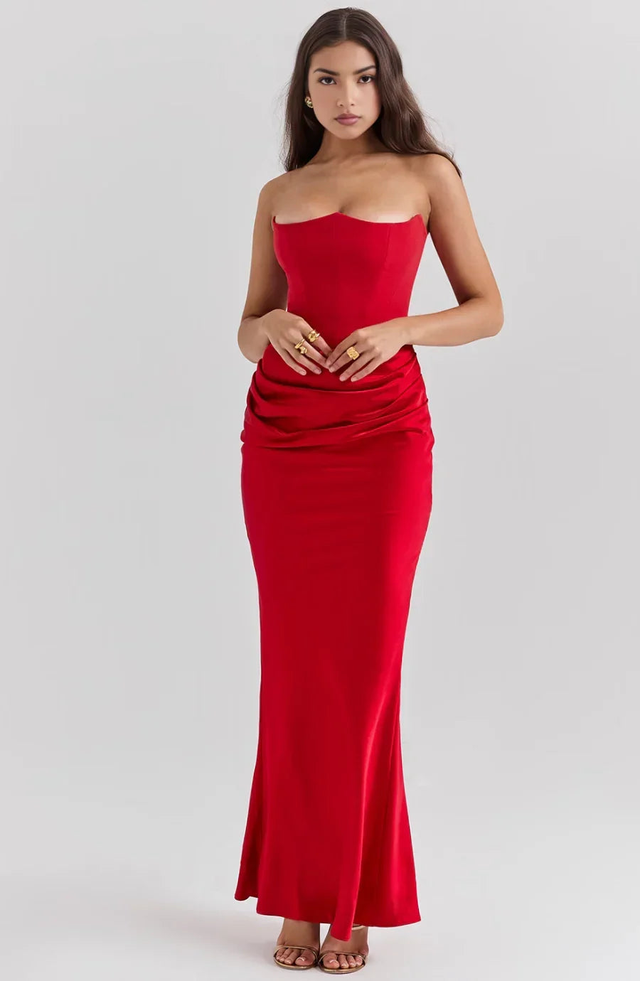 Women's Evening Maxi Dress with Strapless Neckline and Ruched Detail
