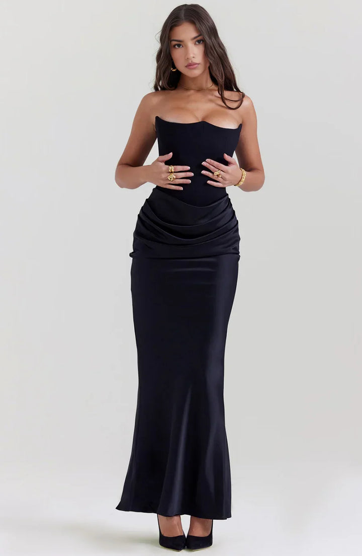 Women's Evening Maxi Dress with Strapless Neckline and Ruched Detail