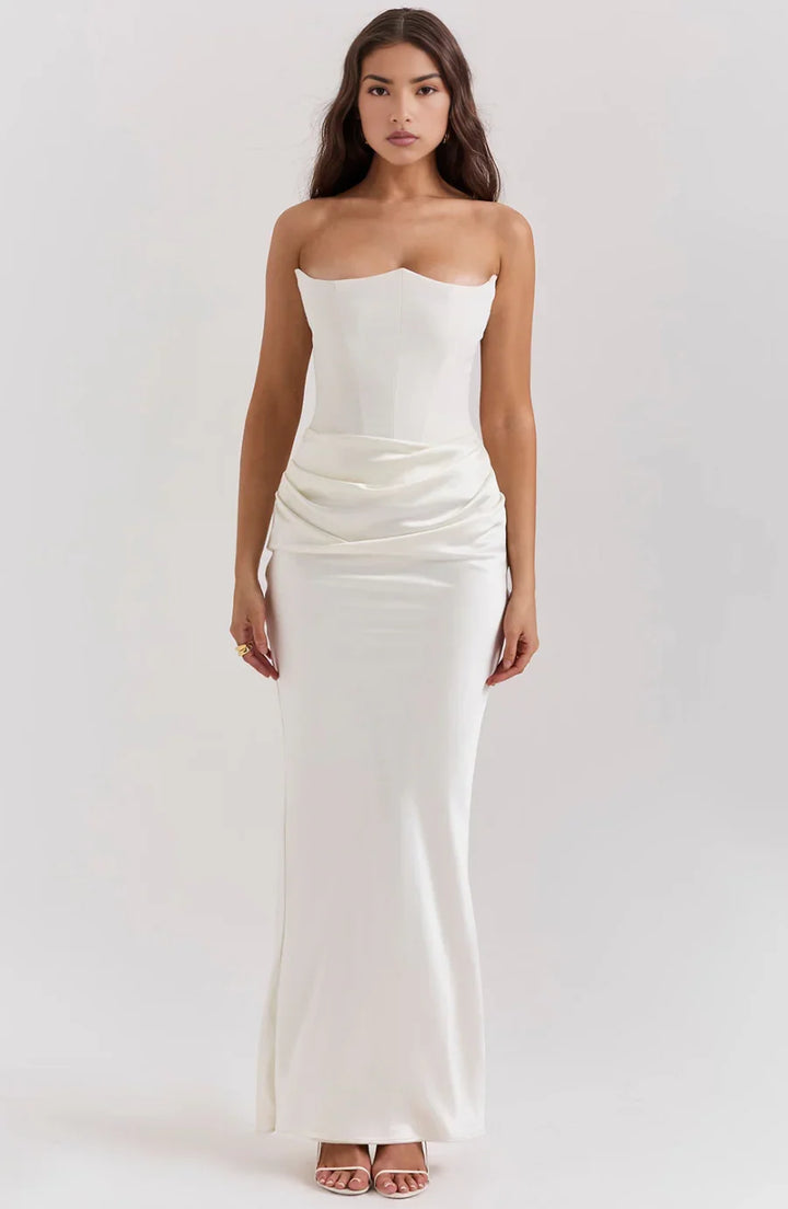 Women's Evening Maxi Dress with Strapless Neckline and Ruched Detail