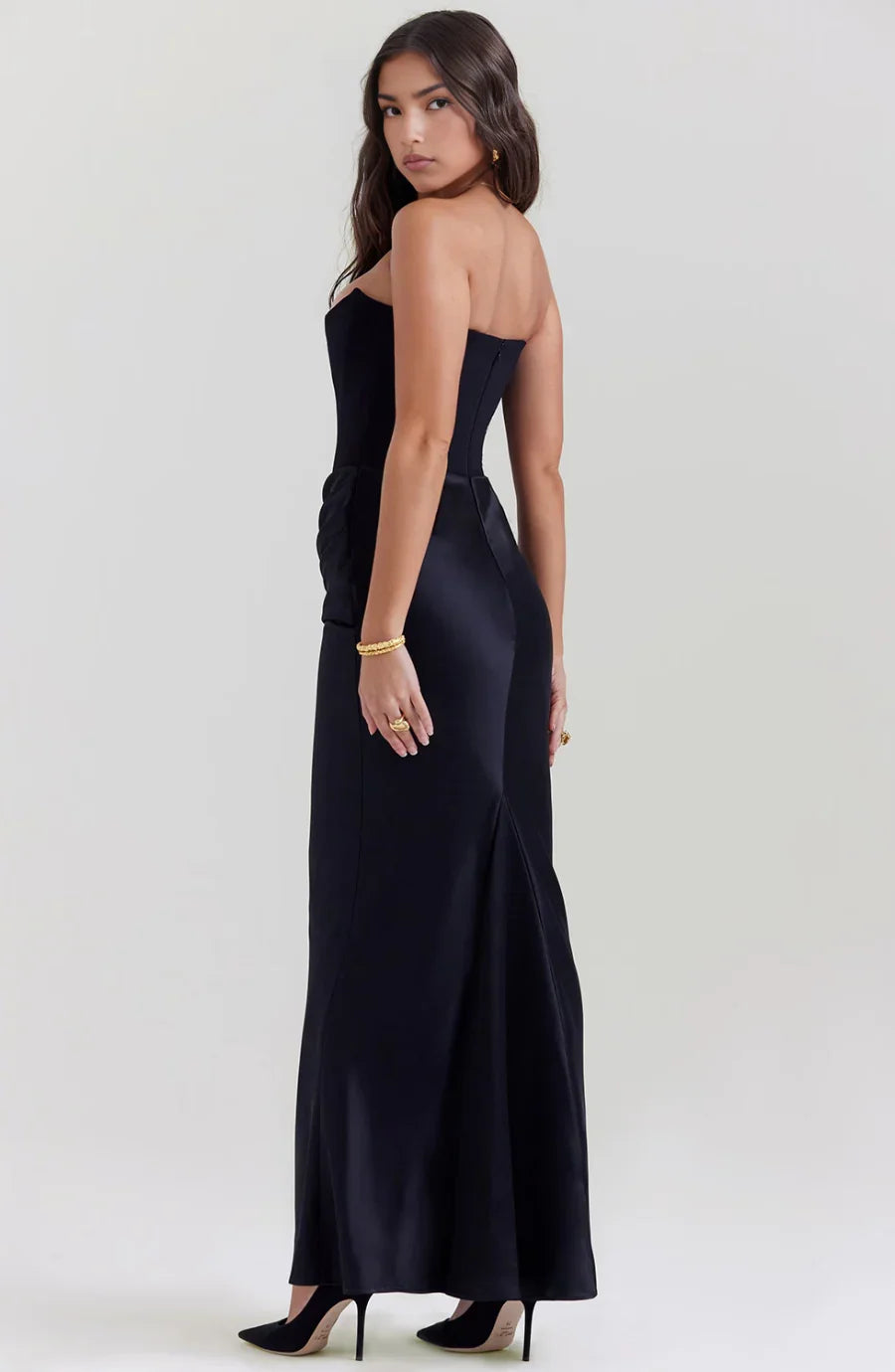 Women's Evening Maxi Dress with Strapless Neckline and Ruched Detail