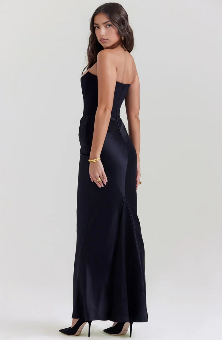 Women's Evening Maxi Dress with Strapless Neckline and Ruched Detail