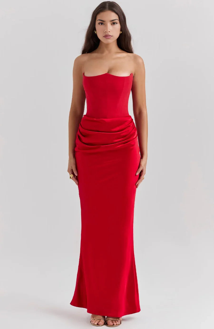 Women's Evening Maxi Dress with Strapless Neckline and Ruched Detail