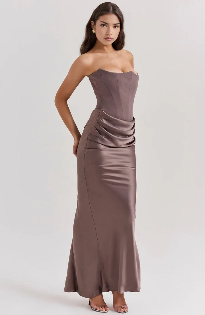 Women's Evening Maxi Dress with Strapless Neckline and Ruched Detail