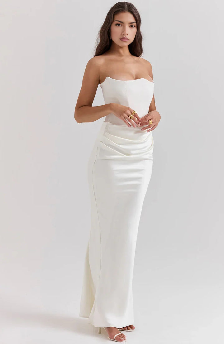 Women's Evening Maxi Dress with Strapless Neckline and Ruched Detail