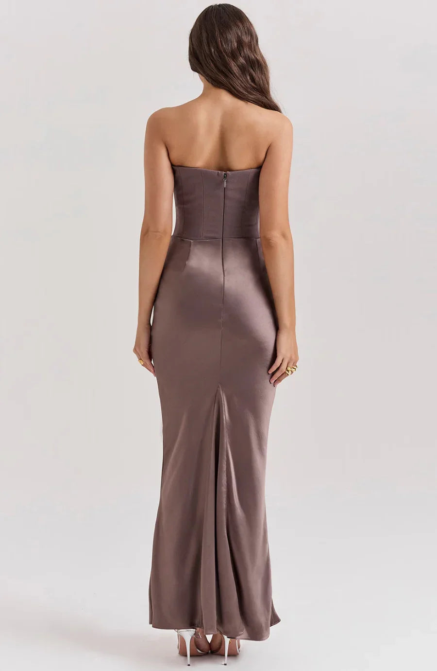 Women's Evening Maxi Dress with Strapless Neckline and Ruched Detail