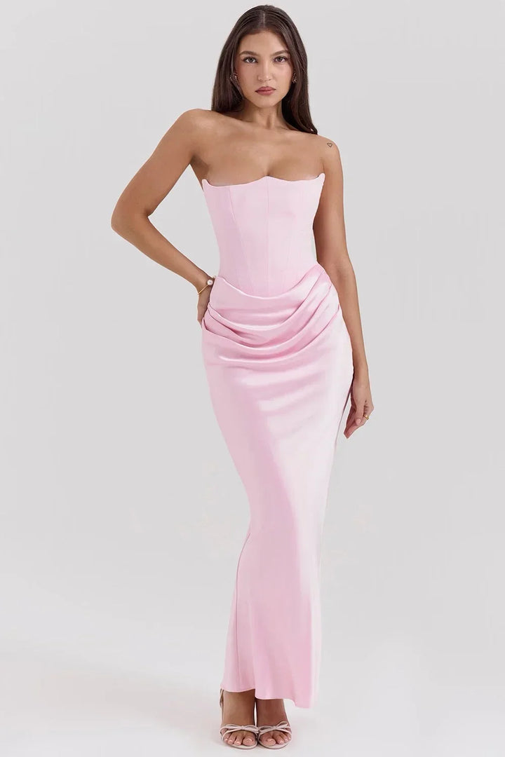 Women's Evening Maxi Dress with Strapless Neckline and Ruched Detail