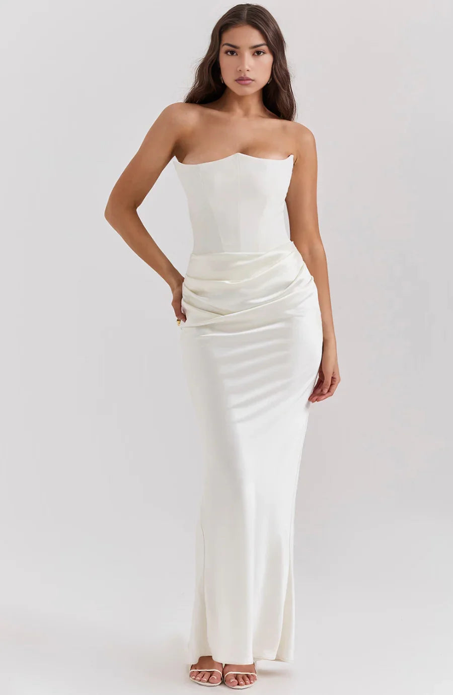Women's Evening Maxi Dress with Strapless Neckline and Ruched Detail