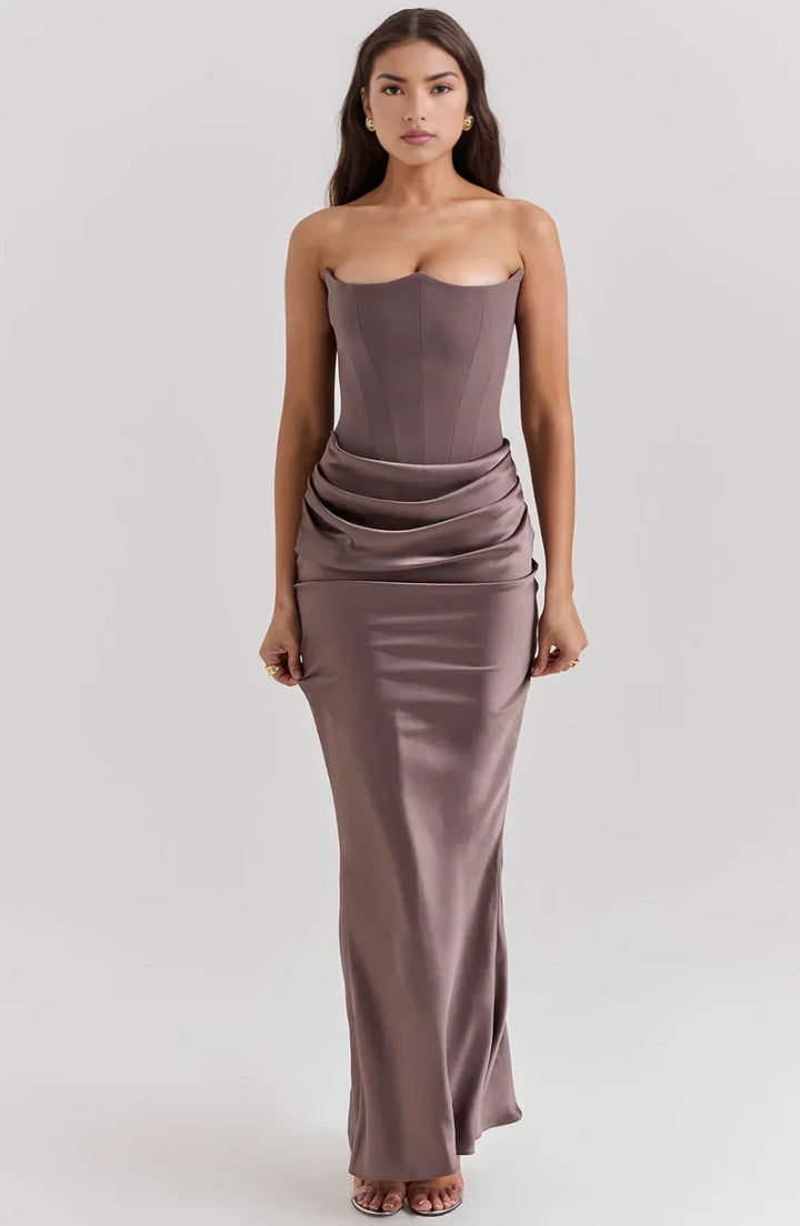 Women's Evening Maxi Dress with Strapless Neckline and Ruched Detail