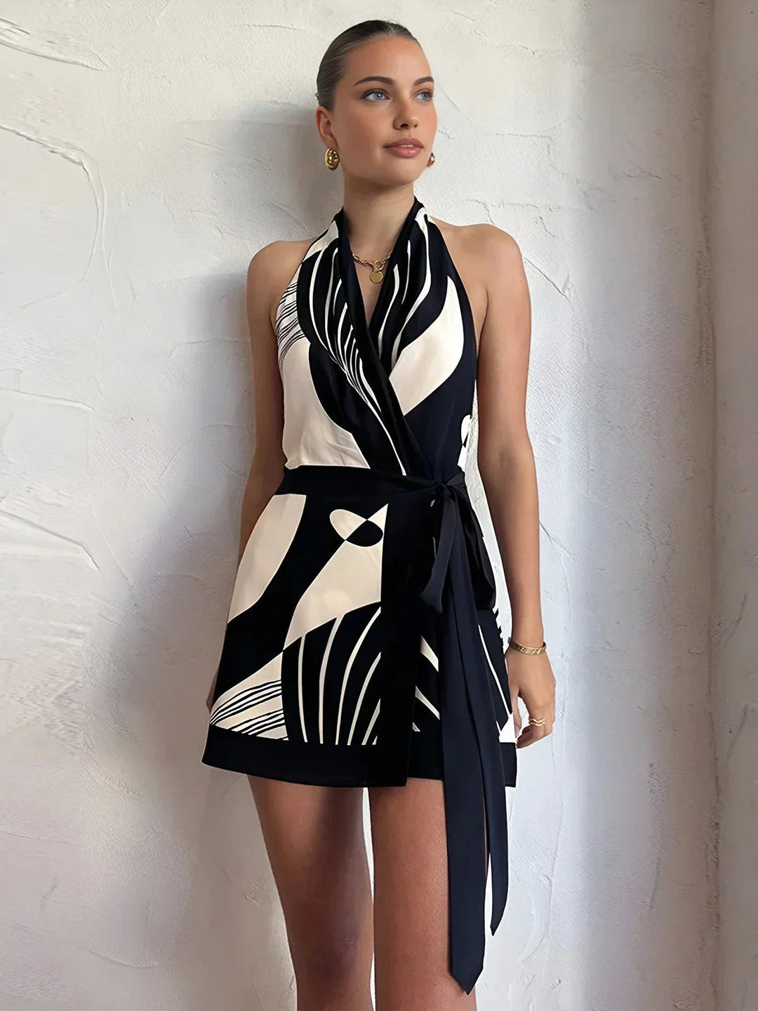 Women's Party Mini Dress with Halter Neck and Contrast Print