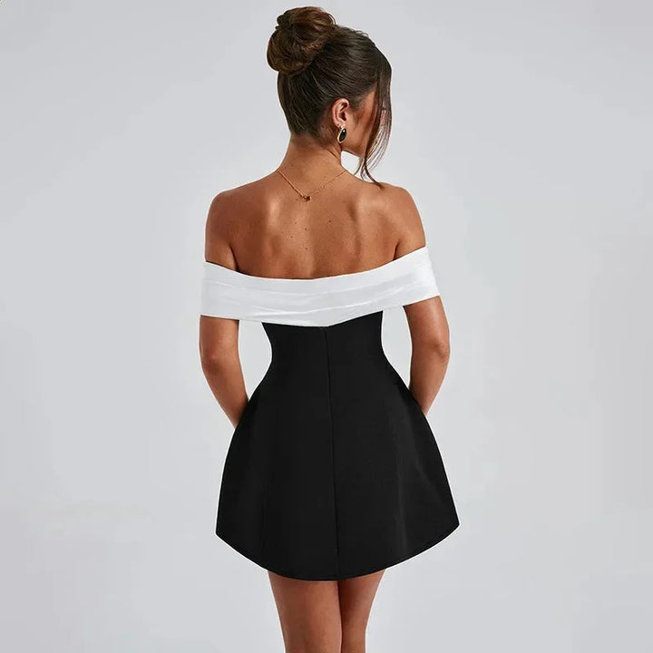 Women's Party Mini Dress with Off Shoulder Neckline and Contrast Trim