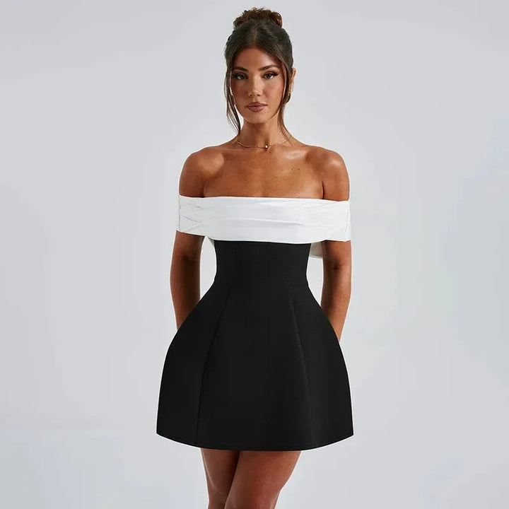 Women's Party Mini Dress with Off Shoulder Neckline and Contrast Trim