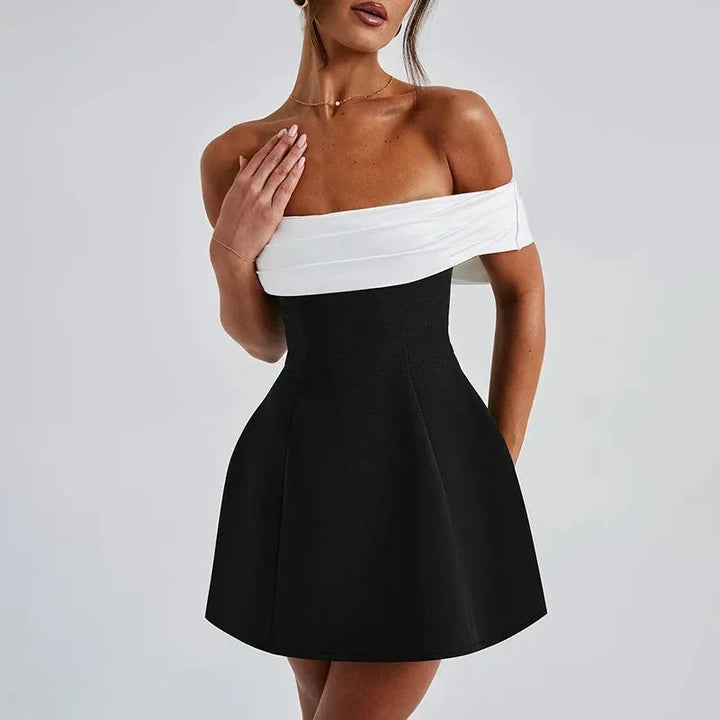 Women's Party Mini Dress with Off Shoulder Neckline and Contrast Trim