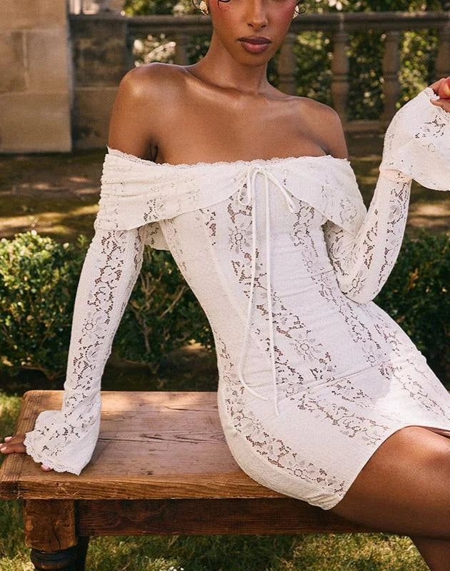 Women's Party Mini Dress with Off Shoulder Neckline and Lace Detail