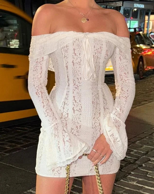 Women's Party Mini Dress with Off Shoulder Neckline and Lace Detail