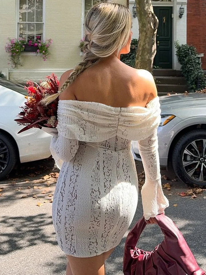 Women's Party Mini Dress with Off Shoulder Neckline and Lace Detail