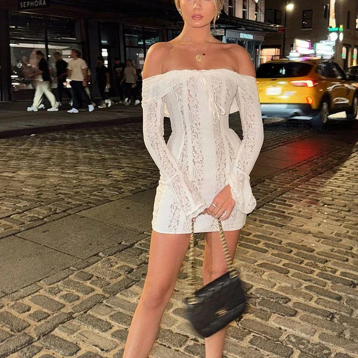 Women's Party Mini Dress with Off Shoulder Neckline and Lace Detail