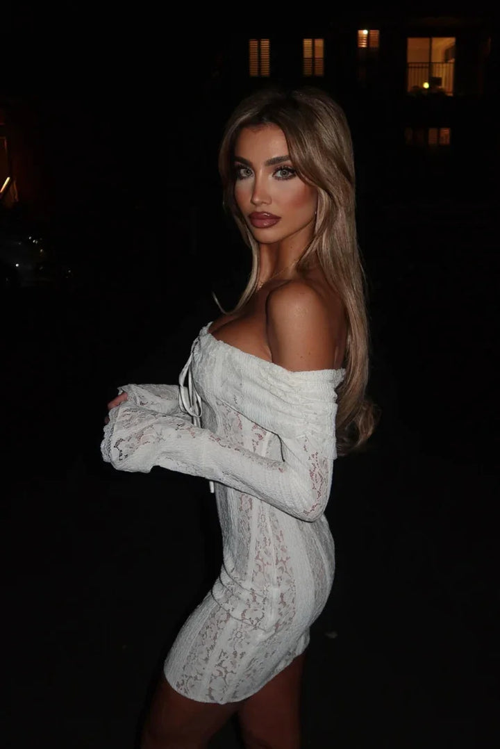 Women's Party Mini Dress with Off Shoulder Neckline and Lace Detail