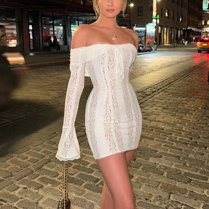 Women's Party Mini Dress with Off Shoulder Neckline and Lace Detail