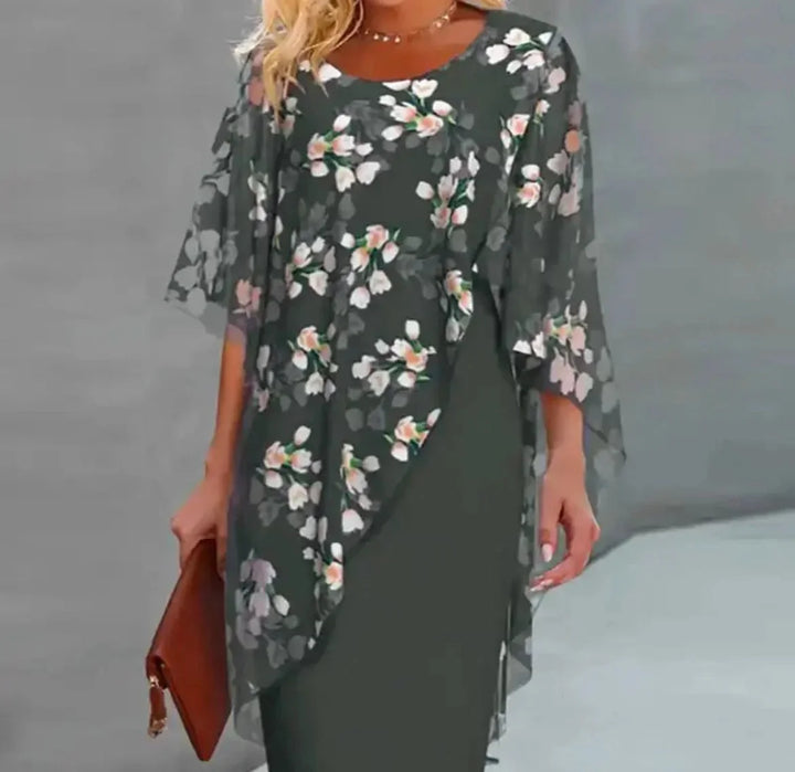 Women's Floral Midi Dress with Sheer Overlay and Short Sleeves