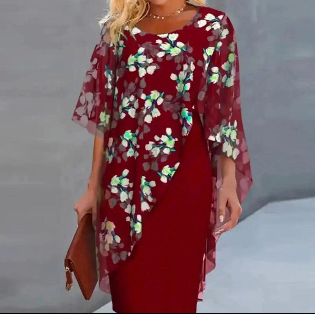 Women's Floral Midi Dress with Sheer Overlay and Short Sleeves