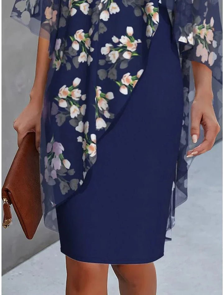 Women's Floral Midi Dress with Sheer Overlay and Short Sleeves