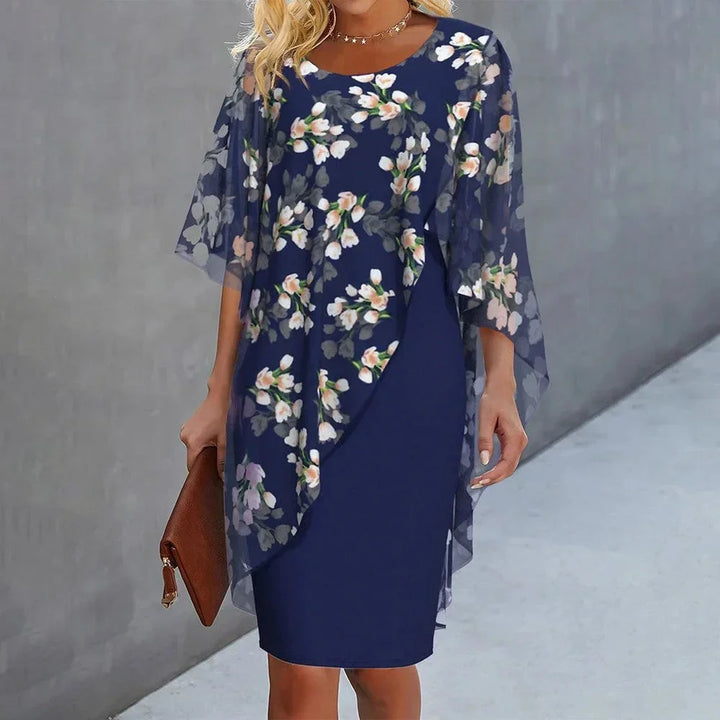 Women's Floral Midi Dress with Sheer Overlay and Short Sleeves