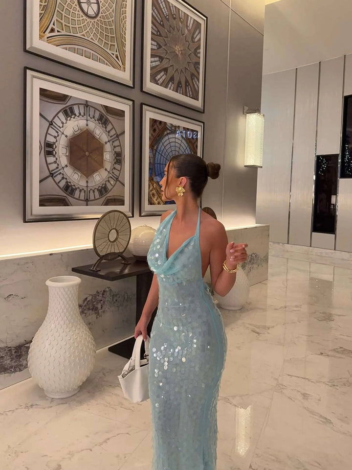 Women's Evening Maxi Dress with Halter Neck and Sequin Detail