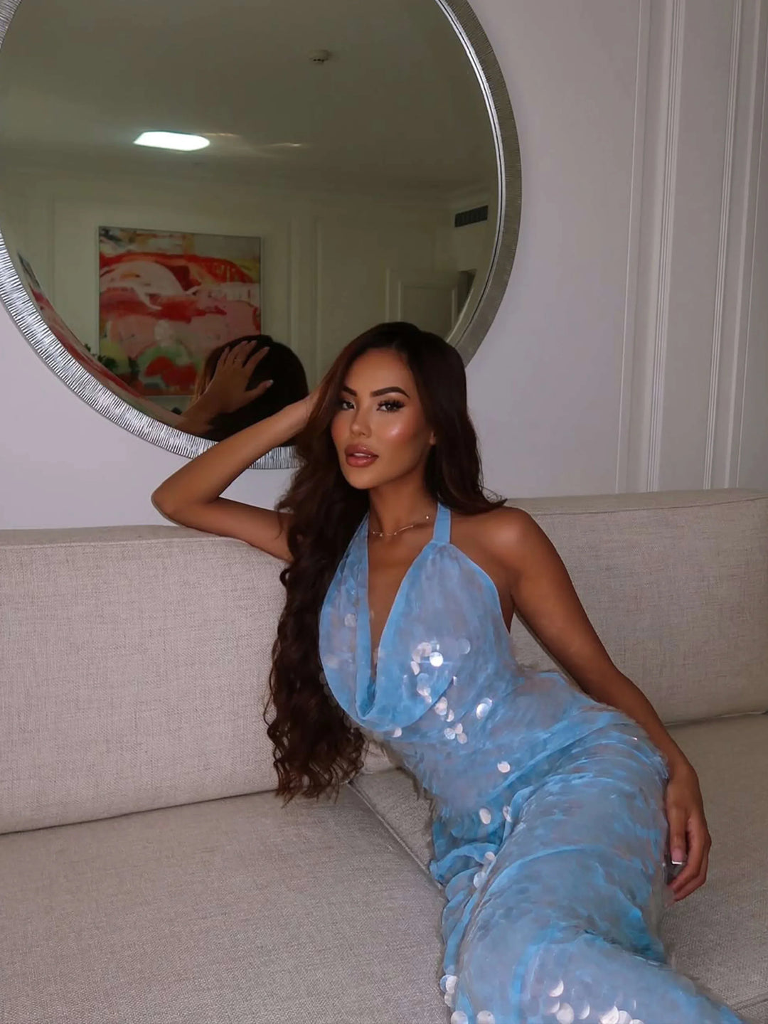Women's Evening Maxi Dress with Halter Neck and Sequin Detail