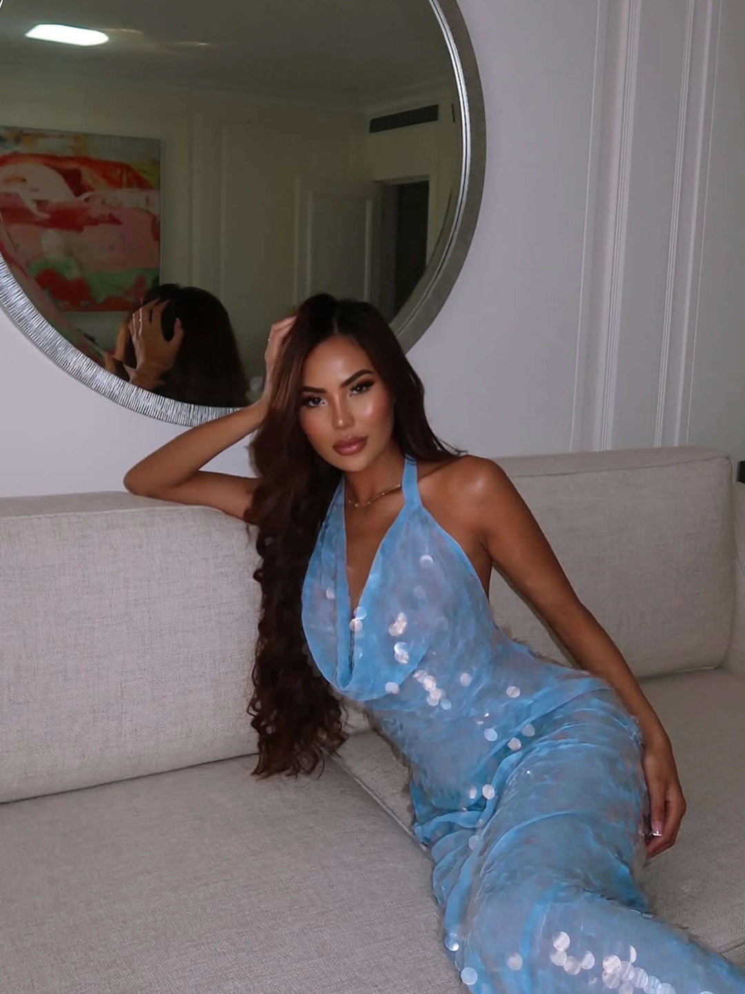 Women's Evening Maxi Dress with Halter Neck and Sequin Detail