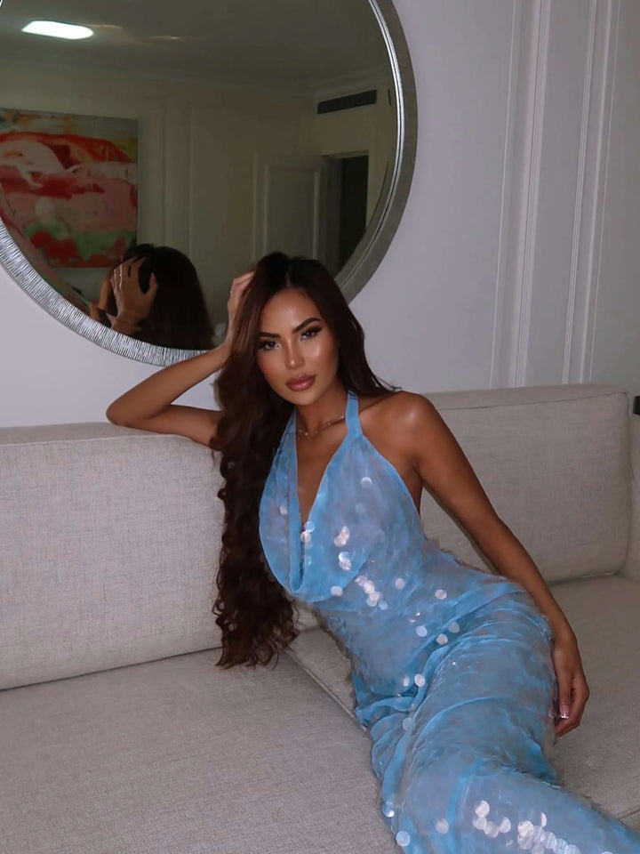 Women's Evening Maxi Dress with Halter Neck and Sequin Detail
