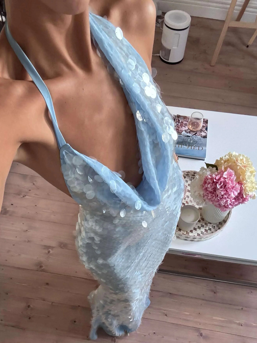 Women's Evening Maxi Dress with Halter Neck and Sequin Detail