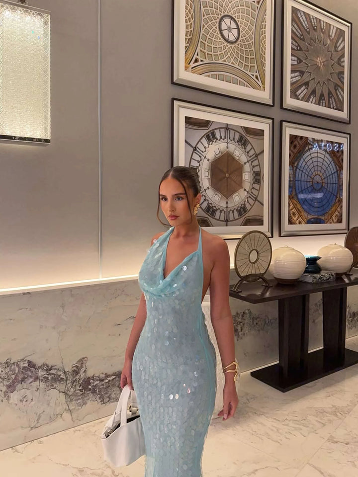 Women's Evening Maxi Dress with Halter Neck and Sequin Detail