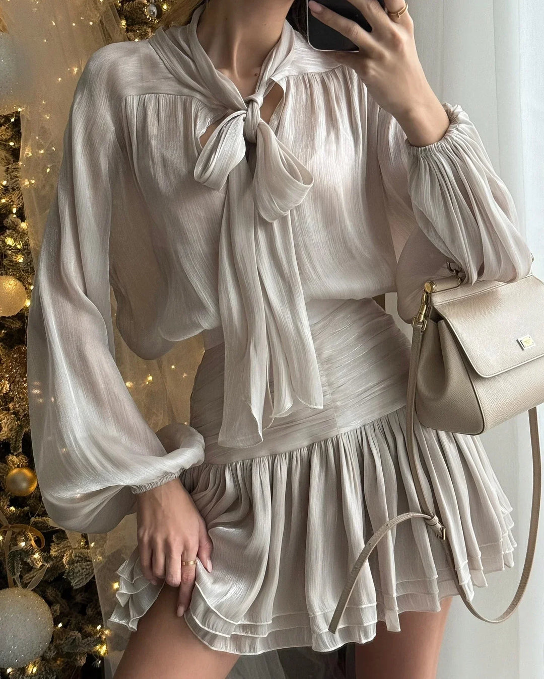 Women's Party Mini Dress with Balloon Sleeves and Satin Finish