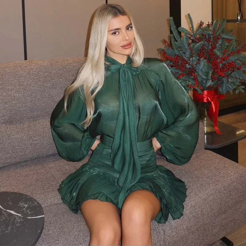 Women's Party Mini Dress with Balloon Sleeves and Satin Finish