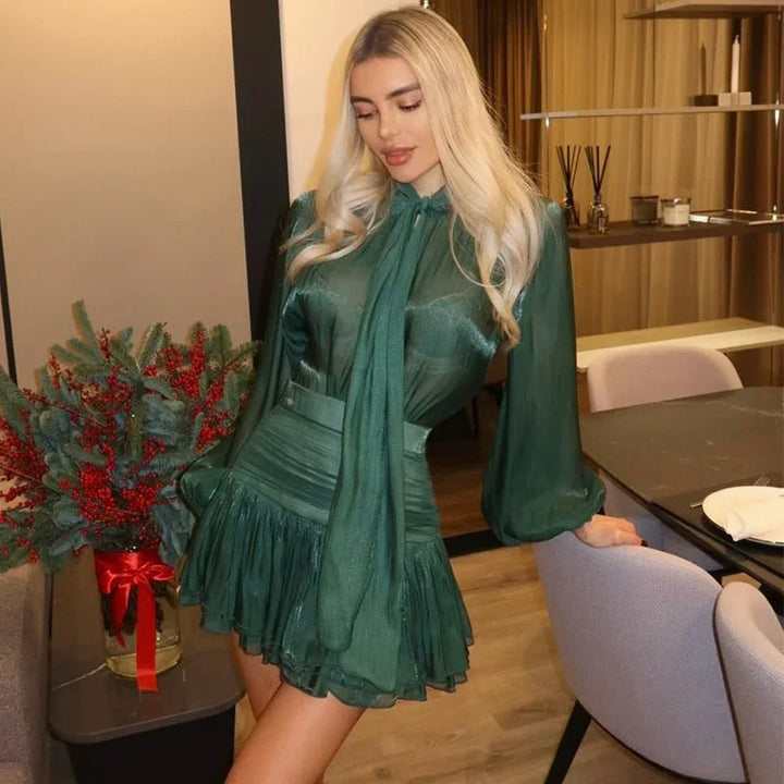 Women's Party Mini Dress with Balloon Sleeves and Satin Finish