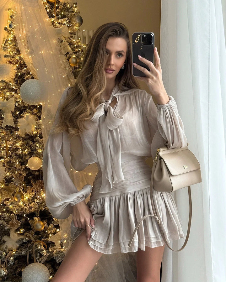 Women's Party Mini Dress with Balloon Sleeves and Satin Finish