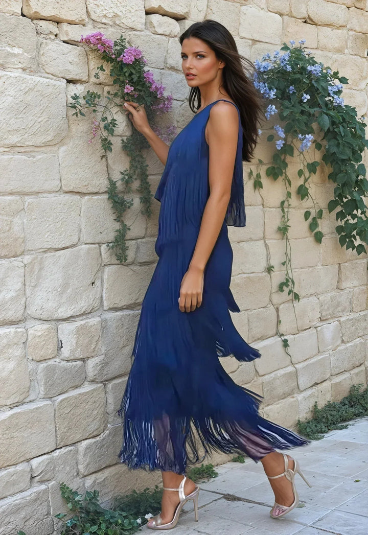 Women's Evening Maxi Dress with Asymmetrical Hem and Fringe Detail