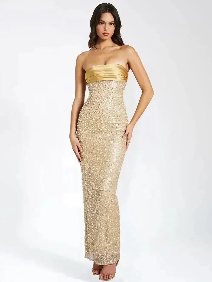 Women's Evening Maxi Dress with Strapless Bustier and Sequin Detail