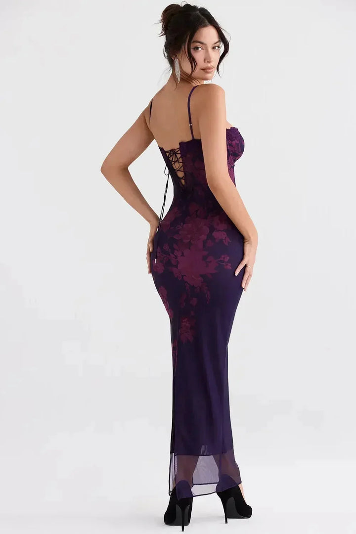 Women's Evening Midi Dress with Strapless Neckline and Floral Print