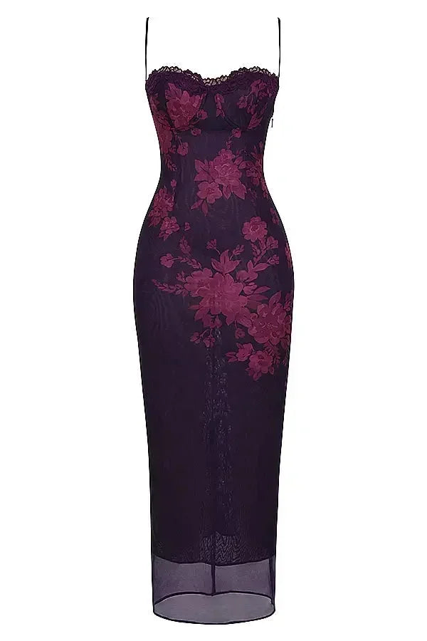 Women's Evening Midi Dress with Strapless Neckline and Floral Print