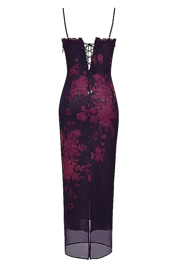 Women's Evening Midi Dress with Strapless Neckline and Floral Print