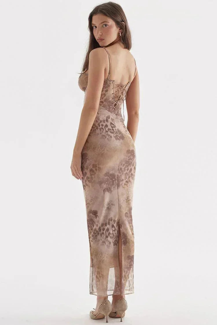 Women's Evening Midi Dress with Strapless Neckline and Floral Print
