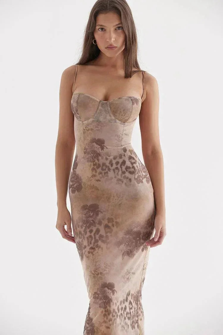 Women's Evening Midi Dress with Strapless Neckline and Floral Print
