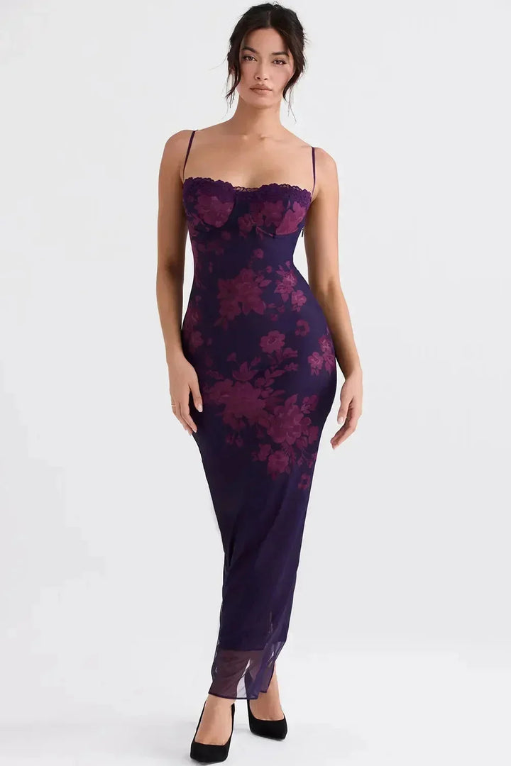 Women's Evening Midi Dress with Strapless Neckline and Floral Print