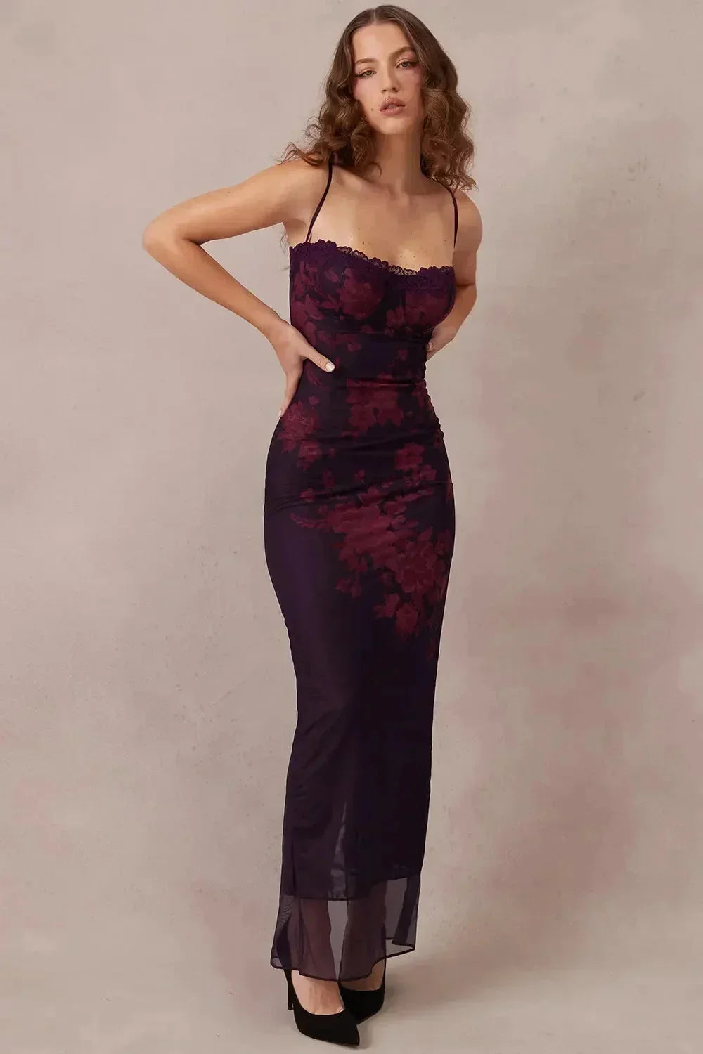 Women's Evening Midi Dress with Strapless Neckline and Floral Print