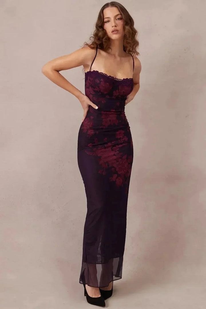 Women's Evening Midi Dress with Strapless Neckline and Floral Print