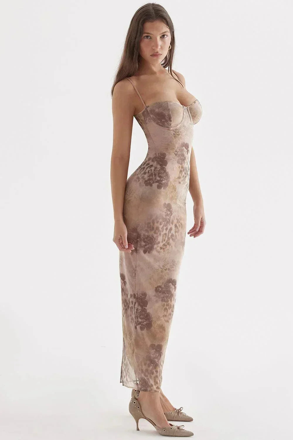 Women's Evening Midi Dress with Strapless Neckline and Floral Print